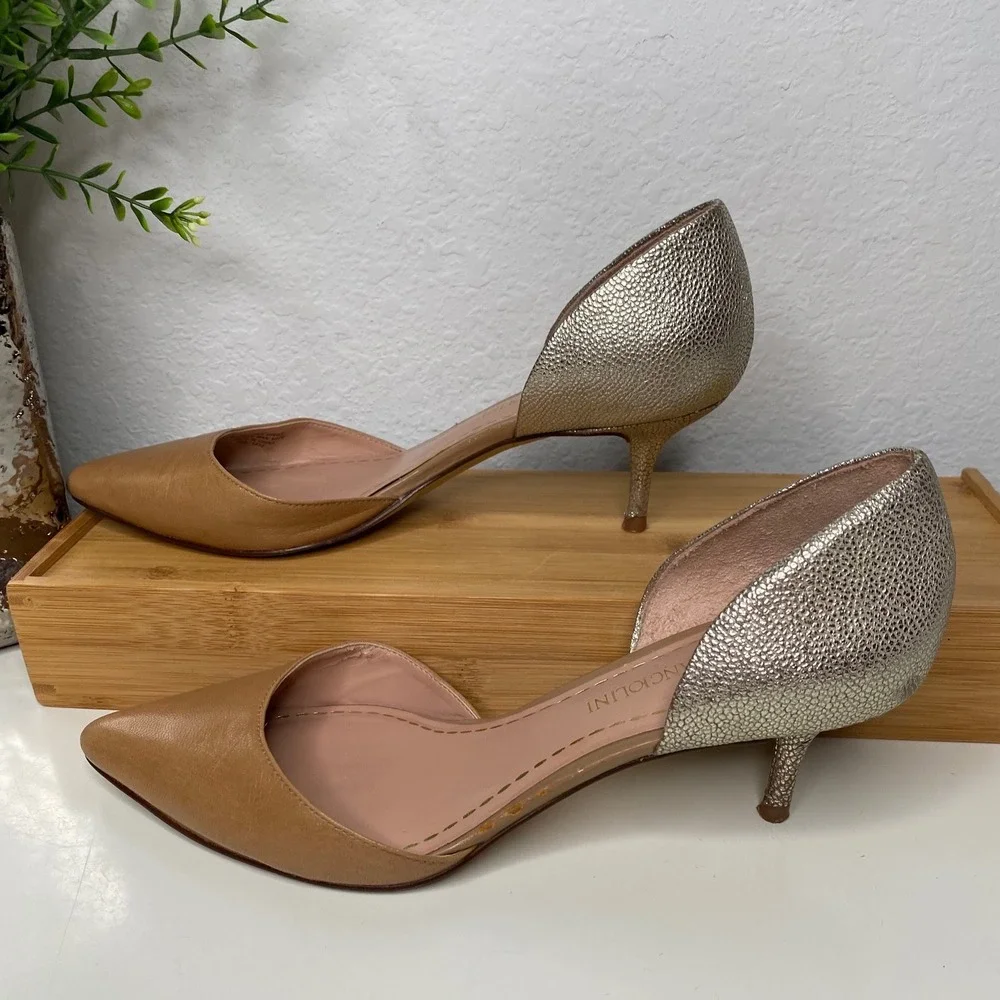 Enzo Angiolini Gabrino d'Orsay Pumps Tan Gold Leather Metallic Kitten Heel 6.5M